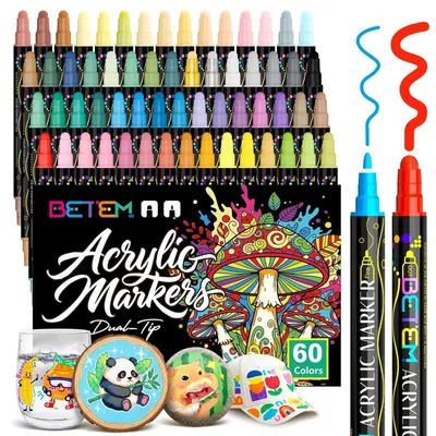 Immagine prodotto di Set di pennarelli acrilici con 60 colori, punta doppia, resistenti all'acqua, ideali per pietra, legno, vetro, Vetroceramica e lavori creativi