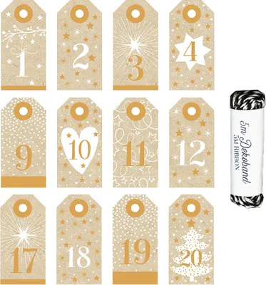 Produktbild von 24 Adventskalender Anhänger & Band zum Basteln - gold & kraft