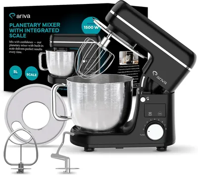 Produktbild von Küchenmaschine ariva mit integrierter Waage & LED-Display, Knetmaschine 1500W, 5L Edelstahl-Schüssel, 8 Stufen, Metallgetriebe, Schwarz