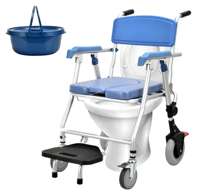 Produktbild von Toilettenstuhl für Senioren mit Rollen, Multifunktionaler Duschstuhl, Klappbar, Blau, Fahrbar mit Urineimer