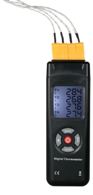 Obrázok produktu pre 4-kanálový digitálny LCD teplomer s termočlánkovým snímačom typu K – 50 až 1350 °C / –58 až 2462 °F, funkcia uchovania údajov