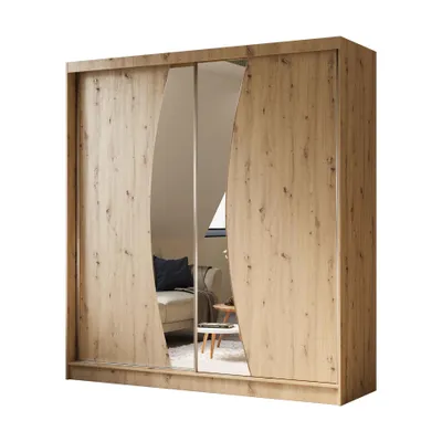 Produktbild von Schwebetürenschrank VOX II 200 cm – Kleiderschrank mit Schubladen, Spiegel & Schiebetüren (Eiche Artisan)