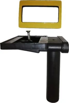 A black plastic sink overflow fitting and a yellow gasket are shown against a white background.