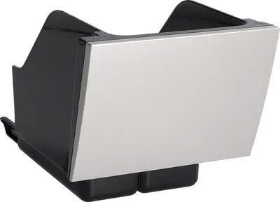 A product shot of a coffee grounds container with a silver front panel.