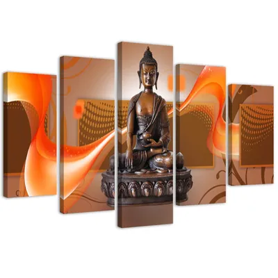 Produktbild von 5-teiliges leinwandbild buddha auf abstraktem hintergrund 200x100 cm Feeby braun wandbild bereit zum aufhängen