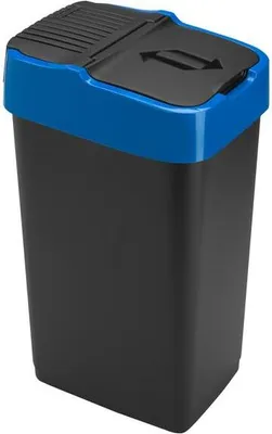 A black and blue trash can with a hinged lid.