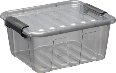 A clear studio shot of a transparent storage box with gray handles.