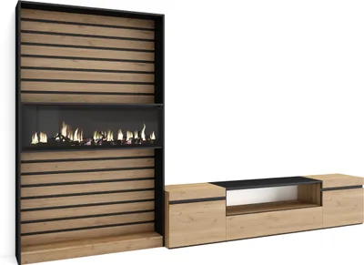 Produktbild von Wohnwand Wohnzimmer, 310x35x186cm, Für TV-Geräte bis zu 80", Elektrokamin XXL, Eiche und Schwarz