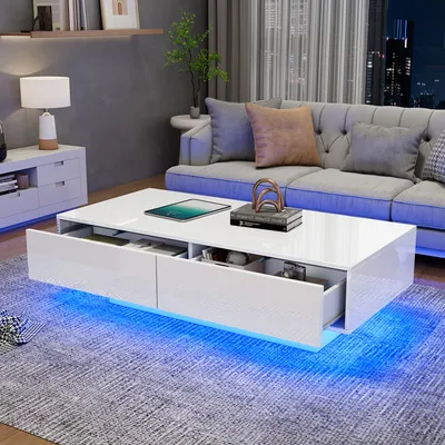 Produktbild von okwish Couchtisch mit led,wohnzimmertish Beistelltisch mit 2 Schubladen,Eleganter Wohnzimmertisch, 115 x 55 x 34 cm,Weiß