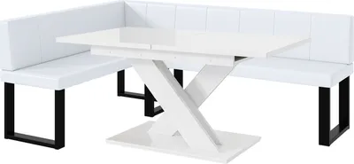 Produktbild von MEBLINI Eckbank für Esszimmer mit ausziehbarem Tisch  - Küchenbank - Essecke - Sitzecke Küche - PETER - U-Beine 142x196x87cm Links - Weiß Kunstleder/B Weiß Hochgl.