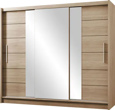 Produktbild von MIRJAN24 Kleiderschrank Lizbona 250 II, Schiebetürenschrank mit drei Schiebetüren, Frontspiegel, Kleiderstange (Farbe: Sonoma Eiche)