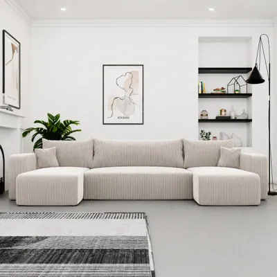 Produktbild von Ecksofa U-Form Castelo U Poso 100 Vanille Cord mit Schlaffunktion und Bettkasten