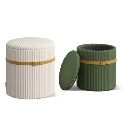 Immagine prodotto di Set da 2 pouf in velluto verde oliva, morbidi pouf con fiocco, rotondi, pouf decorativi per l'ingresso