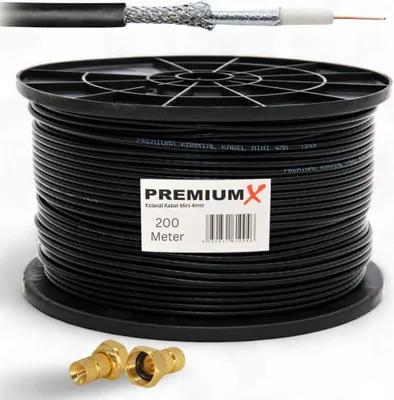 Zdjęcie produktu dla PremiumX 200 m mini kabel koncentryczny satelitarny 4 mm czarny z podwójnym ekranowaniem 40x wtyczka F
