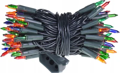 A bundle of multi-colored Christmas lights with a black cord and a green plug.