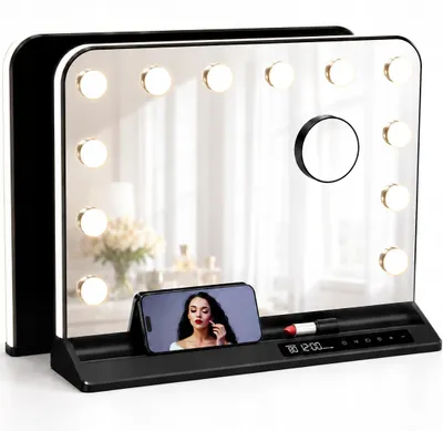 Image de Organisateur de maquillage avec miroir cosmétique éclairé par LED, écran LCD et port USB
