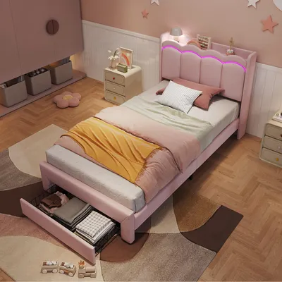 Produktbild von Kinder-Polsterbett 90x200cm in Rosa mit Schublade und App-gesteuerter LED-Beleuchtung, mit wellenförmigem Kopfteil für das Kinderzimmer