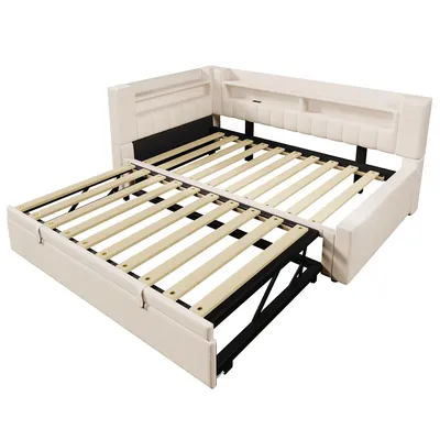 Produktbild von Flieks Polsterbett 90x200cm/180x200cm mit Led, Schlafsofa mit Ausziehbett, Tagesbett Jugendbett mit USB und Typ C, Daybett Leinen, Beige