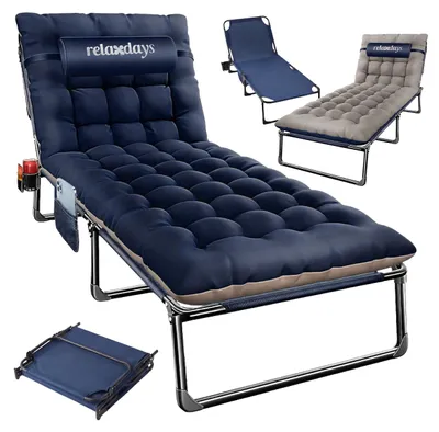 Produktbild von Relaxdays Campingbett klappbar, Matratze, Nackenkissen, Handyhalter, bis 250 kg, HBT: 26x190x72 cm, Feldbett, blau
