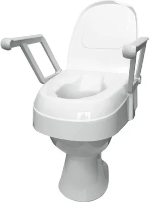 A white toilet seat riser with armrests is shown against a white background.