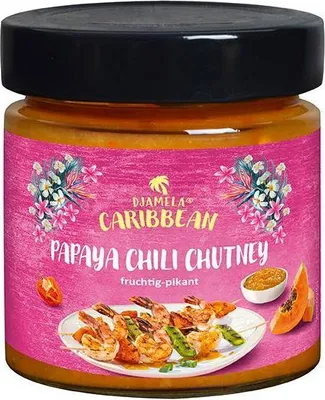 Produktbild von Djamela Papaya Chili Chutney 180 G Glas Vegan Glutenfrei Fruchtig mit leichter Schärfe