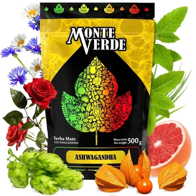 Obrázok produktu pre Čaj Yerba Mate Monte Verde s ashwagandhou 500 g – brazílsky čaj mate s ashwagandhou a bylinkami – bez umelých prísad, prírodná aróma