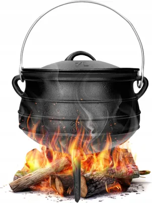 A black cast iron pot with a lid and handle is placed over a fire pit with burning logs.
