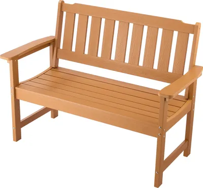 Obrázok produktu pre SucceBuy záhradná lavička 128 cm, robustná a odolná voči poveternostným vplyvom, vhodná pre 2-3 osoby, plastový rám s operadlom a širokými podrúčkami, ideálna na terasu, do záhrady alebo parku, vzhľad dreva