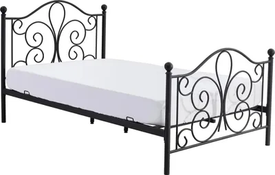 A black metal bed frame with a white mattress.