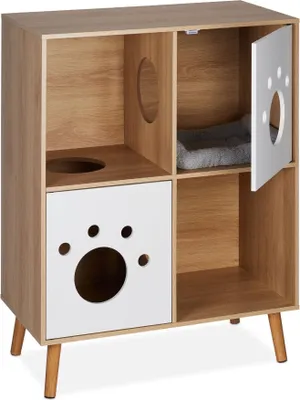 Produktbild von Katzenschrank mit 4 Fächern und Pfotenöffnungen für Katzentoilette und Schlafnische