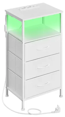 Obrázok produktu pre Nočný stolík s LED osvetlením, nabíjacou stanicou, 3 zásuvkami a otvorenou policou | Biely | 39,6 x 30 x 75,9 cm