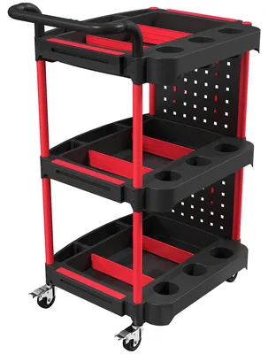 Produktbild von Werkzeugwagen mit 3 Ebenen, Lochwand und Haken, rollbarer Werkstattwagen mit Bremsen, Schwarz/Rot
