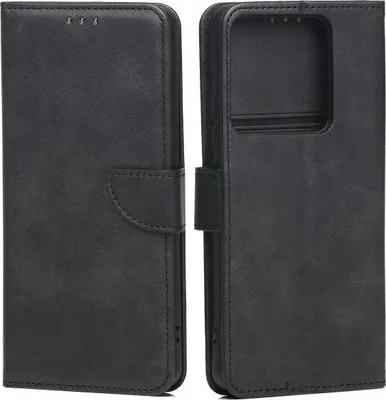 A black leather wallet-style phone case is shown open, displaying the inside compartment and the exterior.