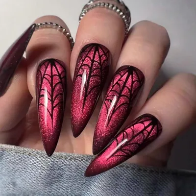 Produktbild von Künstliche Nägel zum Aufkleben 24 Stück Mandel Lang Rot Spinnennetz Design Acryl Press on Nails für Damen