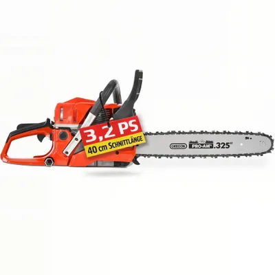 A bright orange and black chainsaw is displayed against a white background. A yellow and red tag with text is attached to the chainsaw.