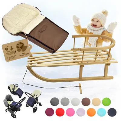 Produktbild von BAMBINIWELT HOLZSCHLITTEN mit Rückenlehne (90cm) + WINTERFUßSACK (90cm) Kinderwagen WOLLE braun