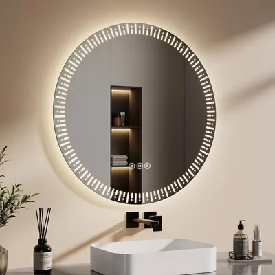 Obrázek produktu pro EMKE koupelnové zrcadlo s osvětlením Zrcadlo LED 80 cm s nemlžícím se světlem, stmívatelné, 3 barvy světla Kulaté koupelnové zrcadlo Nástěnné zrcadlo s dotykovým spínačem