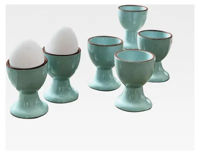 Produktbild von Eierbecher Set aus Steingut - 6 Stück mit Zierendem Farbrand - Handgetöpfert - Glänzende Oberfläche - 6,5 cm, türkis