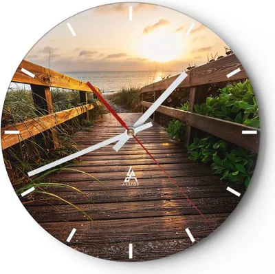Produktbild von Wanduhr - Rund - Glasuhr - Fußgängerbrücke Meer Strand Ufer - 40x40cm - Schleichendes Uhrwerk - Lautlos - zum Aufhängen bereit - Dekoration Modern - Wanddekoration aus Glas - C3AR40x40-2617