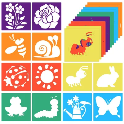 Produktbild von Malschablonen Set - 12 Stück wiederverwendbare Kunststoff-Schablonen mit Tiermotiven - zum Zeichnen auf Papier Wänden und Holz - 20 x 20 cm