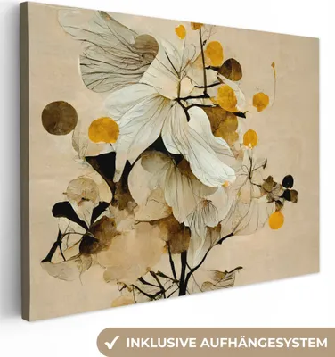 Produktbild von MuchoWow® - Leinwandbilder - Blumen - Pflanzen - Gold - Vintage, Wandbild, Wanddeko Bilder Wohnzimmer, 80x60 cm