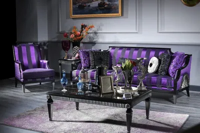 Produktbild von Casa Padrino Luxus Barock Wohnzimmer Set Lila / Schwarz / Silber - 1 Sofa & 1 Sessel & 1 Couchtisch & 1 Beistelltisch - Barockmöbel