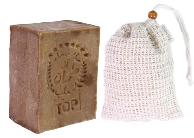 Produktbild von TUMELO Original Aleppo Seife 200g 70% Olivenöl 30% Lorbeeröl + Sisal Seifensäckchen, handgemachte Olivenölseife Naturseife