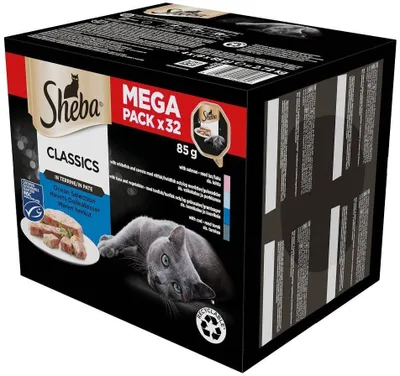 Immagine prodotto di Vassoio SHEBA di patè di pesce bianco/Ryba/Sjomb/Tuna - cibo umido per gatti - 32x85 g