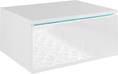 A white nightstand with a blue LED light strip.