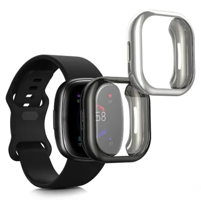 Produktbild von kwmobile 2x Silikon Hülle für Fitbit Versa 4 / Sense 2 Schutzhülle - Fullbody Display Cover Set aus Silikon - Schwarz Silber