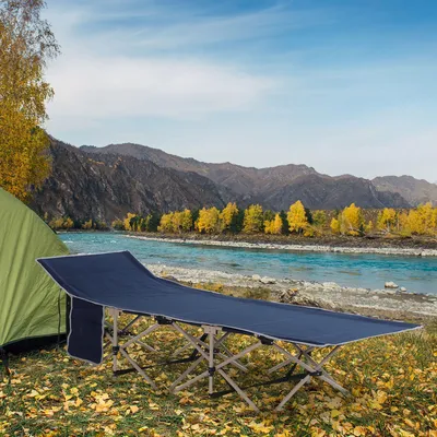 Immagine prodotto di MODFU Outsunny Lettino da campeggio pieghevole con borsa portaoggetti, lettino pieghevole con telaio in acciaio robusto, blu