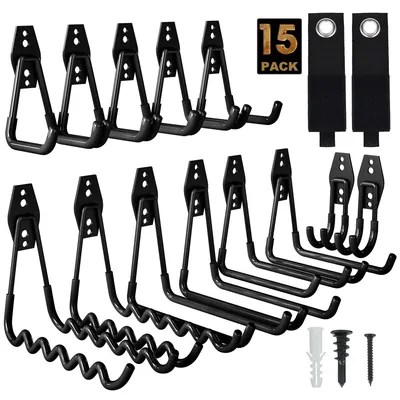 Image de Crochets muraux pour garage, lot de 15 crochets muraux, 5 tailles différentes, crochets robustes pour outils de jardin, atelier, échelles, rangement de garage (noir)