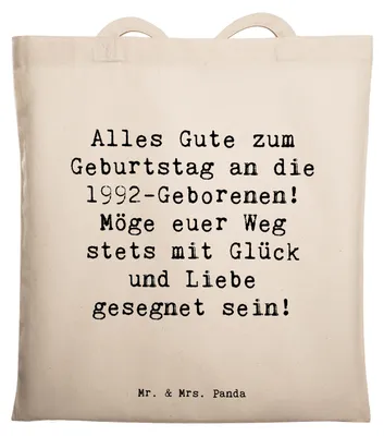 Produktbild von Mr. & Mrs. Panda Shopping Tasche Spruch 1992 Geburtstag - Transparent - Geschenk, Jahrgang, Einkaufstasche, Glückwunsch, Schultasche, Laptoptasche, Alter, Tote Bag