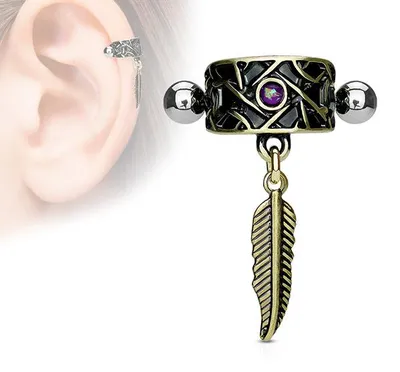 Produktbild von Tragus Cartilage Helix Ohr Piercing Opal und Feder Antik Gold